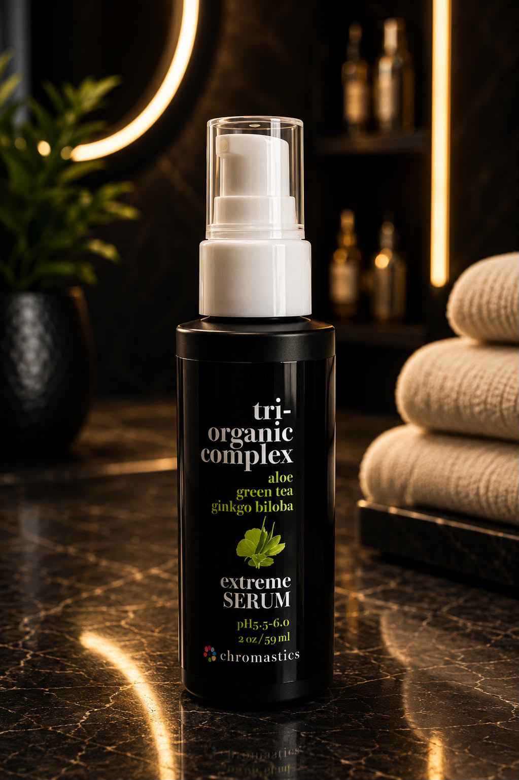 A bottle of tri-organic complex extreme serum by 24 chromasties, featuring a black bottle and white pump, set on a dark marble countertop with a blurred bathroom background containing a mirror, plant, and folded towels.